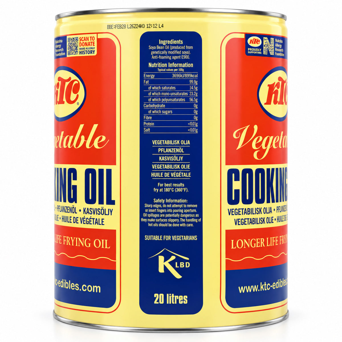 A large yellow KTC vegetable cooking oil tin with red and navy panels, multilingual product labels, nutrition details, and “20 litres” text; brightly lit against white.