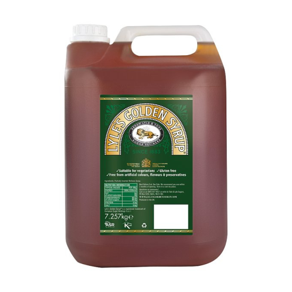 Lyle’s Golden Syrup Original in a 7.257kg catering container with handle and green label, suitable for commercial baking and dessert use