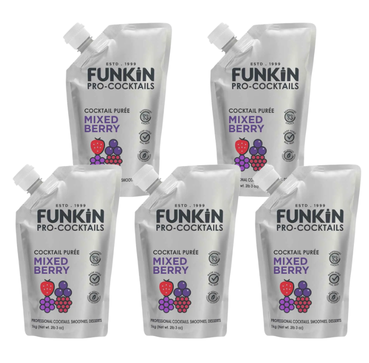  A pouch of Funkin Mixed Berry Purée featuring vibrant imagery of strawberries, raspberries, cherries, blackberries, and blueberries. The packaging highlights its natural ingredients and use in cocktails, smoothies, sauces, and desserts.