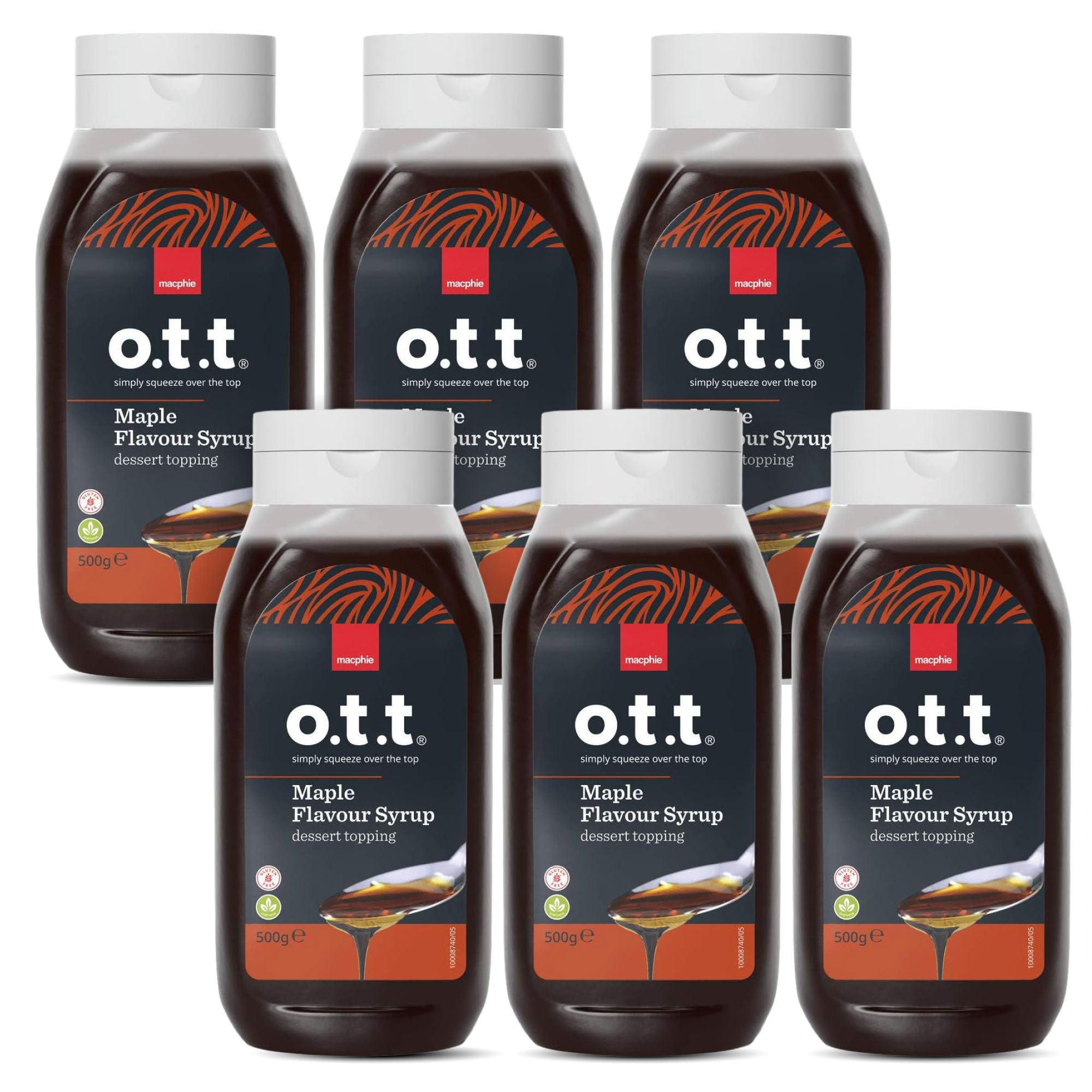 Bottle of o.t.t Maple Flavour Syrup in recyclable packaging, perfect for topping pancakes, desserts, and breakfast dishes.