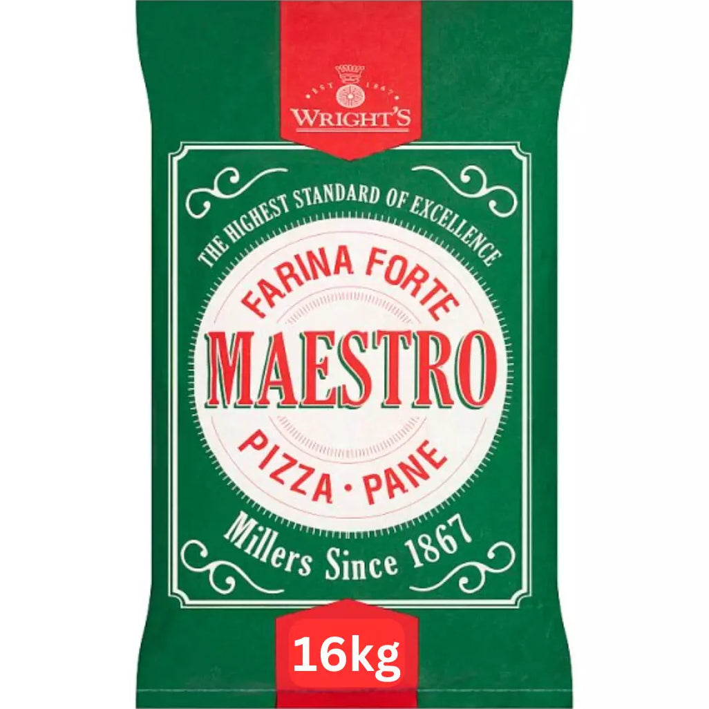16kg bag of Wright's Farina Forte Maestro Pizza – Pane flour, high-protein professional-grade flour designed for artisan pizza and bread making, ideal for long fermentation and consistent dough performance.