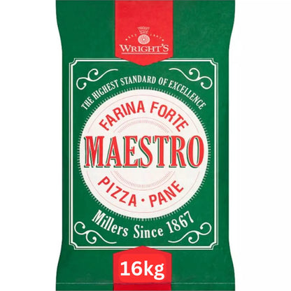 16kg bag of Wright's Farina Forte Maestro Pizza – Pane flour, high-protein professional-grade flour designed for artisan pizza and bread making, ideal for long fermentation and consistent dough performance.