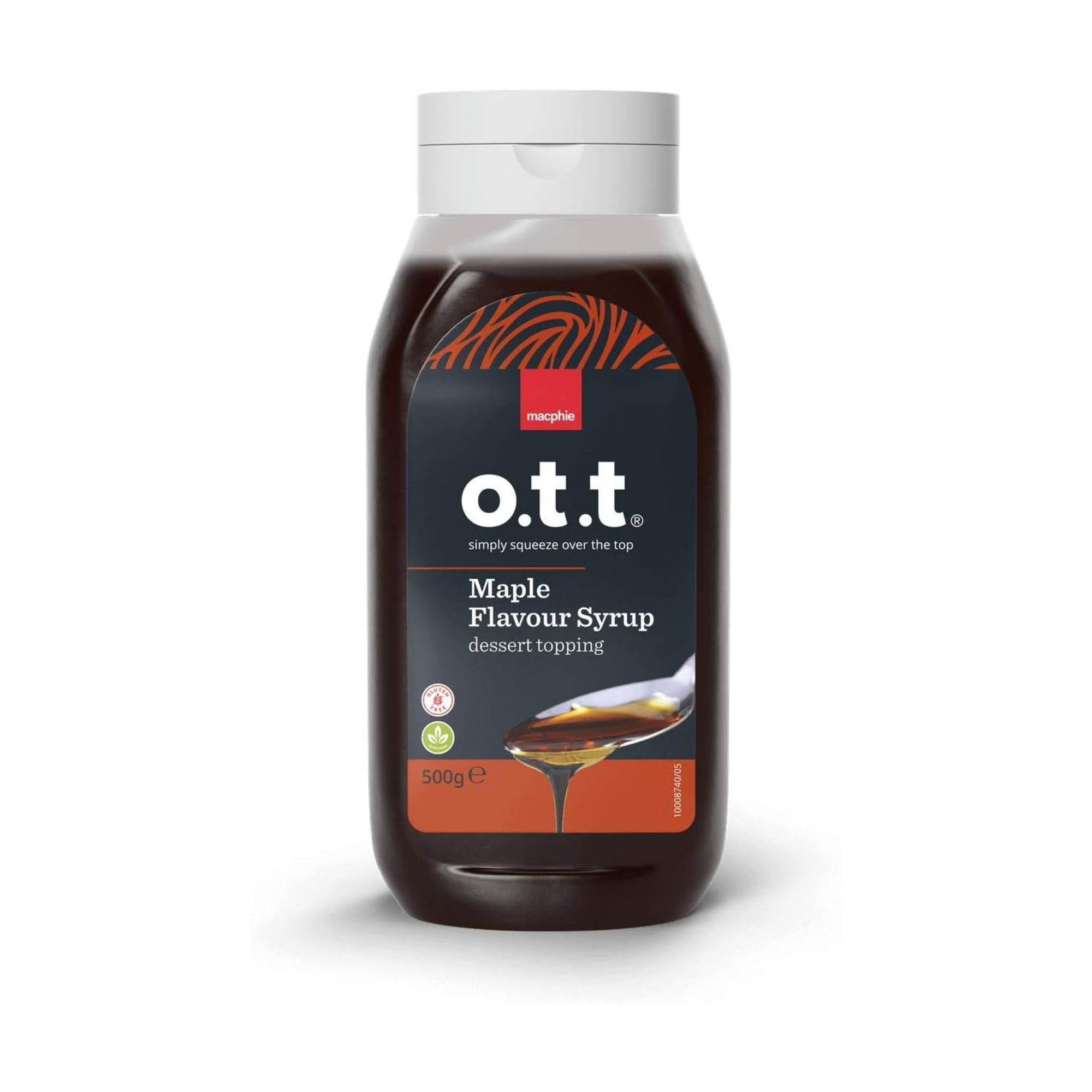 Macphie O.T.T Maple Flavour Syrup Dessert Topping 500g bottle sweet maple-style syrup for topping waffles, pancakes, and breakfast dishes.