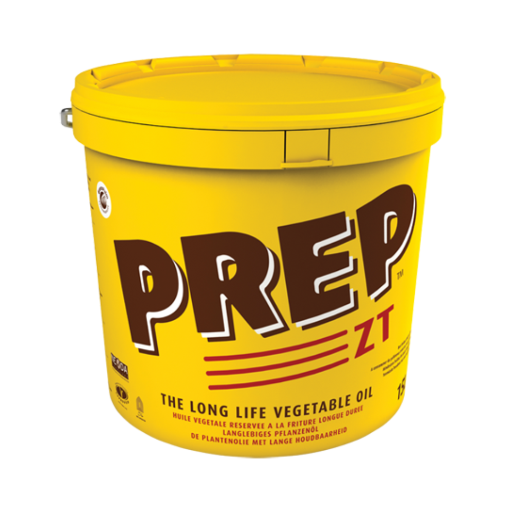 Yellow container of long-life vegetable oil labeled "PREP ZT," featuring bold brown text and additional product details in multiple languages.