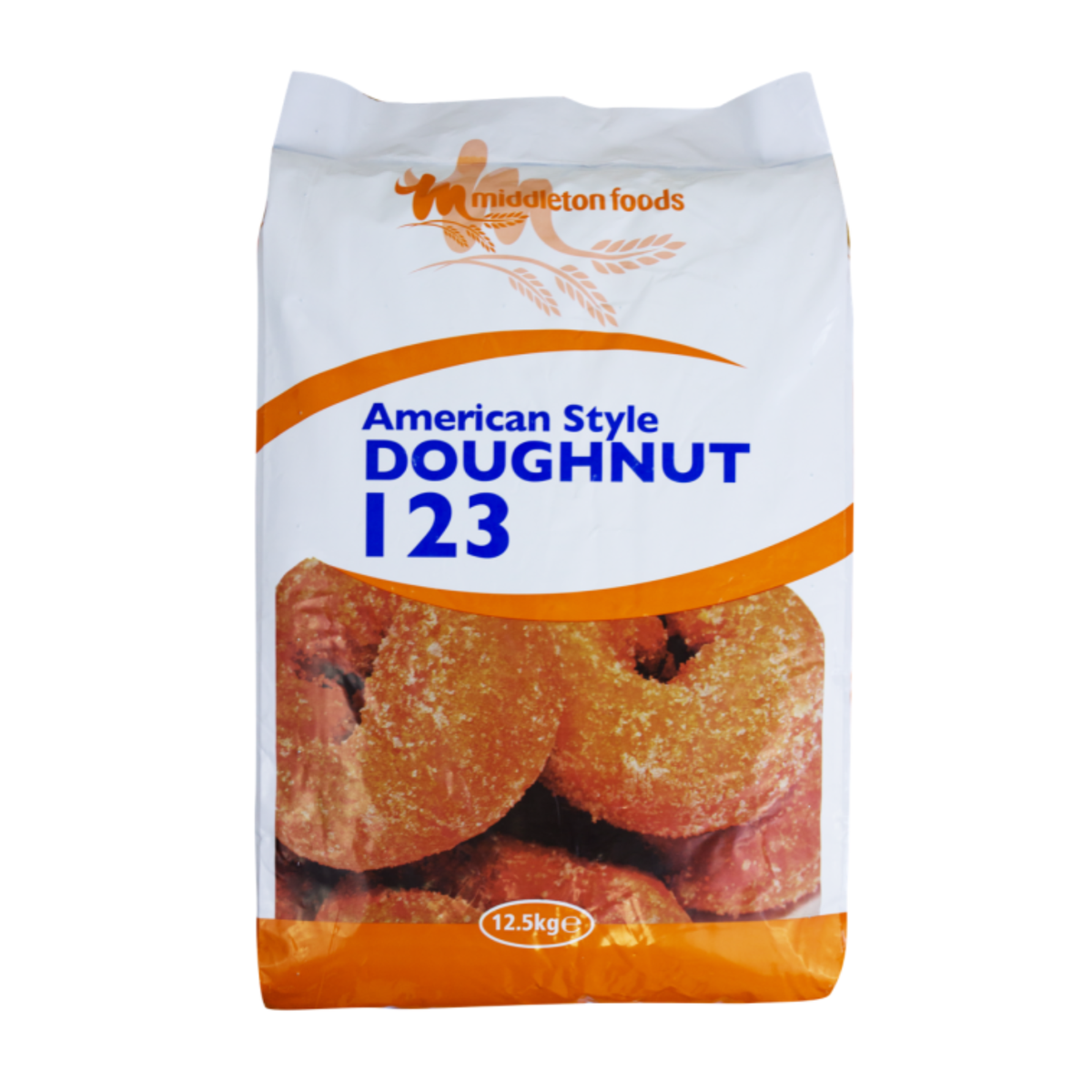 Bag of American Style Doughnut Mix, labeled "Doughnut 123" by Middleton Foods. Features images of sugar-coated doughnuts. Weight: 12.5 kg.
