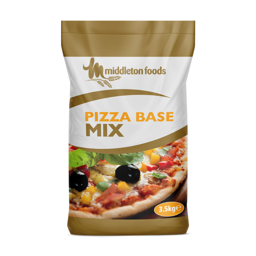 Bag of Middleton Foods Pizza Base Mix. White and brown packaging shows a vibrant pizza topped with olives and colorful vegetables. Weight: 3.5 kg.