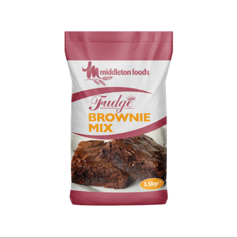 Package of fudge brownie mix with a rich, baked chocolate brownie shown on the front, highlighting its chewy texture and dark, glossy finish—labeled as easy to prepare with just water, and customizable with nuts or chocolate chips.