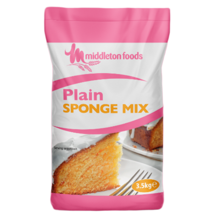 3.5kg bag of plain sponge mix, requiring only water to prepare—yields approximately 92 portions, ideal for sweet or savoury bakes in high-volume kitchens and bakeries.