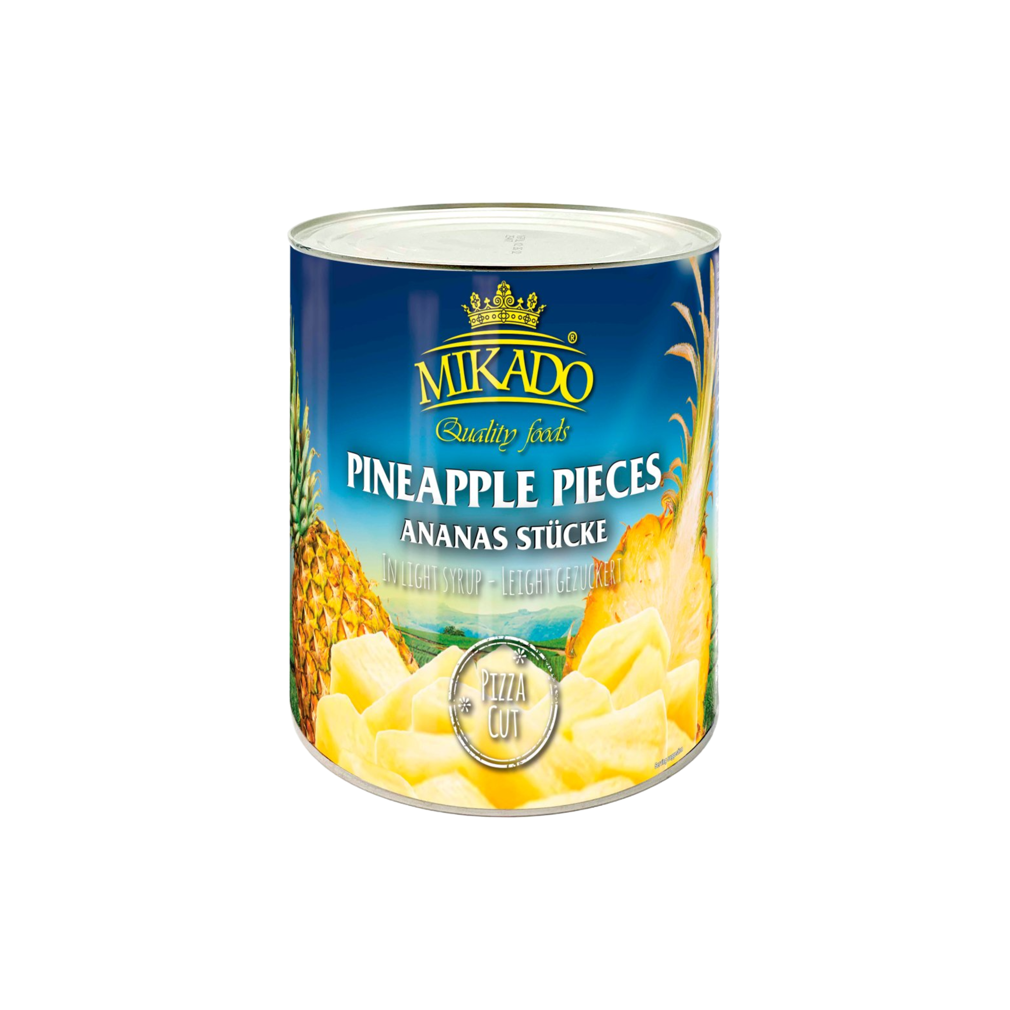 Can of Mikado Pineapple Pieces Pizza Cut in Light Syrup, 3.05kg – showing neatly cut pineapple chunks ideal for topping pizzas.