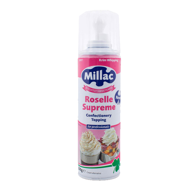 A can of Millac Roselle Supreme Confectionery Topping, a slightly sweetened UHT whipped cream alternative for professionals. The can is pink and white with images of whipped cream-topped desserts on the label and a white plastic nozzle cap on top.