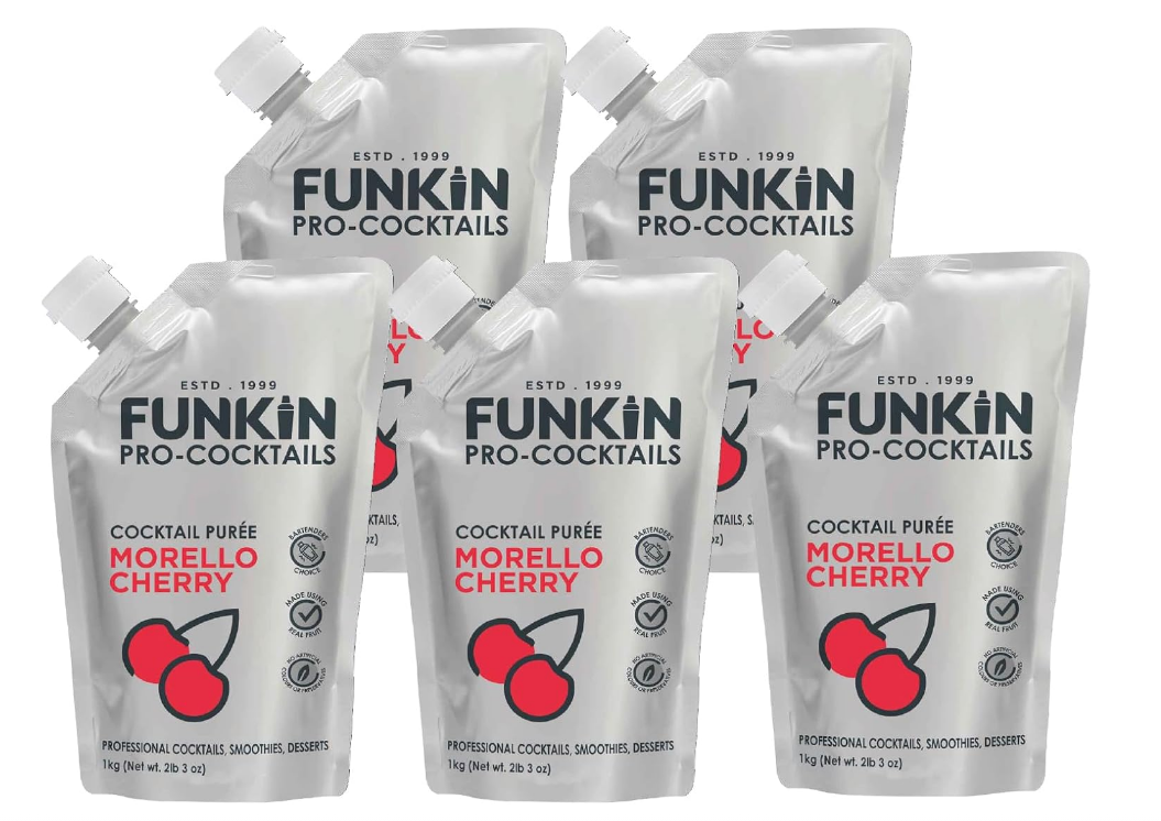A pouch of Funkin Morello Cherry Purée, featuring a vibrant cherry-themed design. The packaging highlights that the purée is made from 100% Morello cherries sourced from Serbia, ideal for cocktails, smoothies, desserts, and sauces.