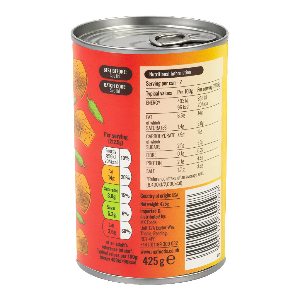 A colorful canned food label showing nutritional information and serving size. Includes energy, fat, sugar, and salt content, with chili peppers and cheese illustrations. Country of origin: USA.