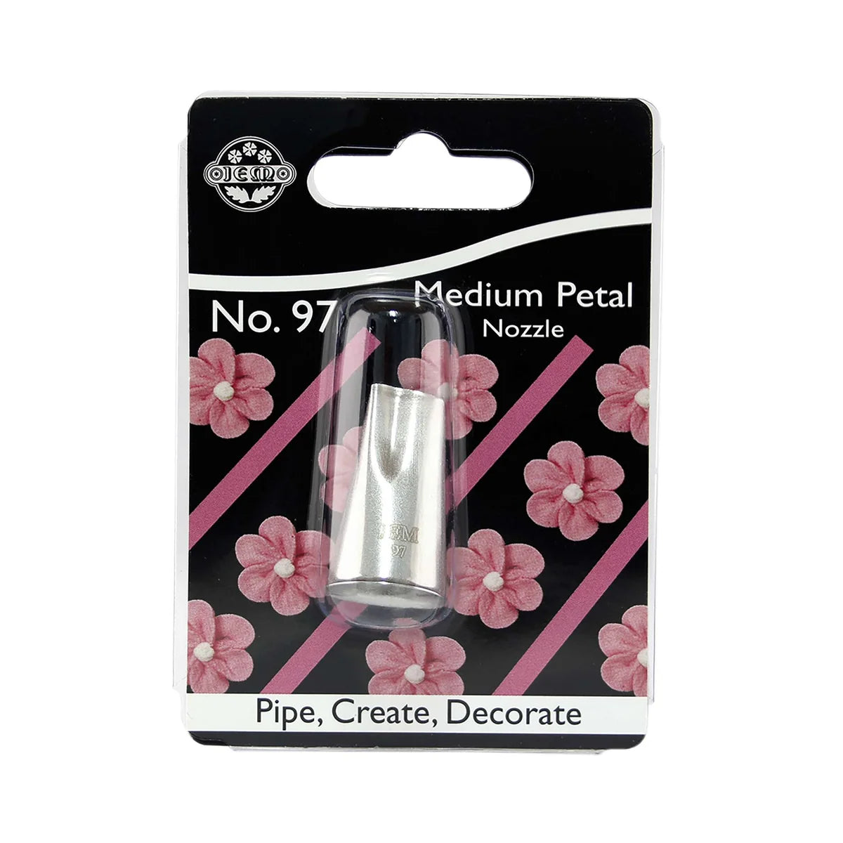 A metal petal nozzle labeled 'No. 97 Medium Petal Nozzle' in its original retail packaging.