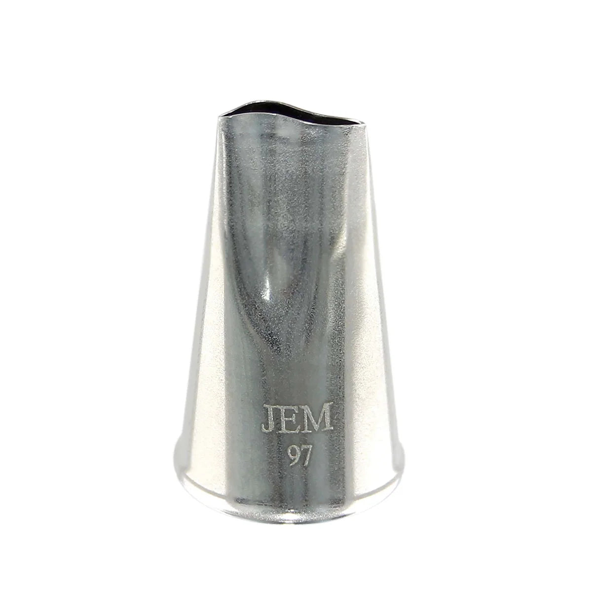 Metal piping nozzle with 'JEM 97' engraving on a white background