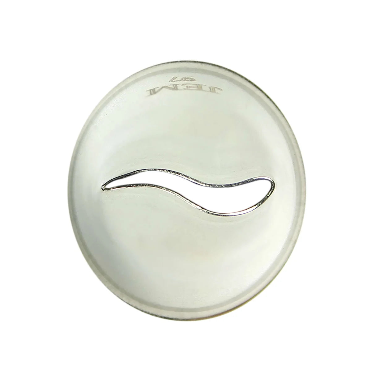 Round silver object with a logo on a white background