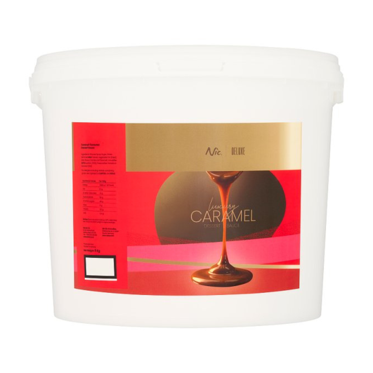 White bucket with a vivid caramel-themed label featuring a stream of caramel on red and gold background. Text reads "Luxury Caramel Dessert Sauce.