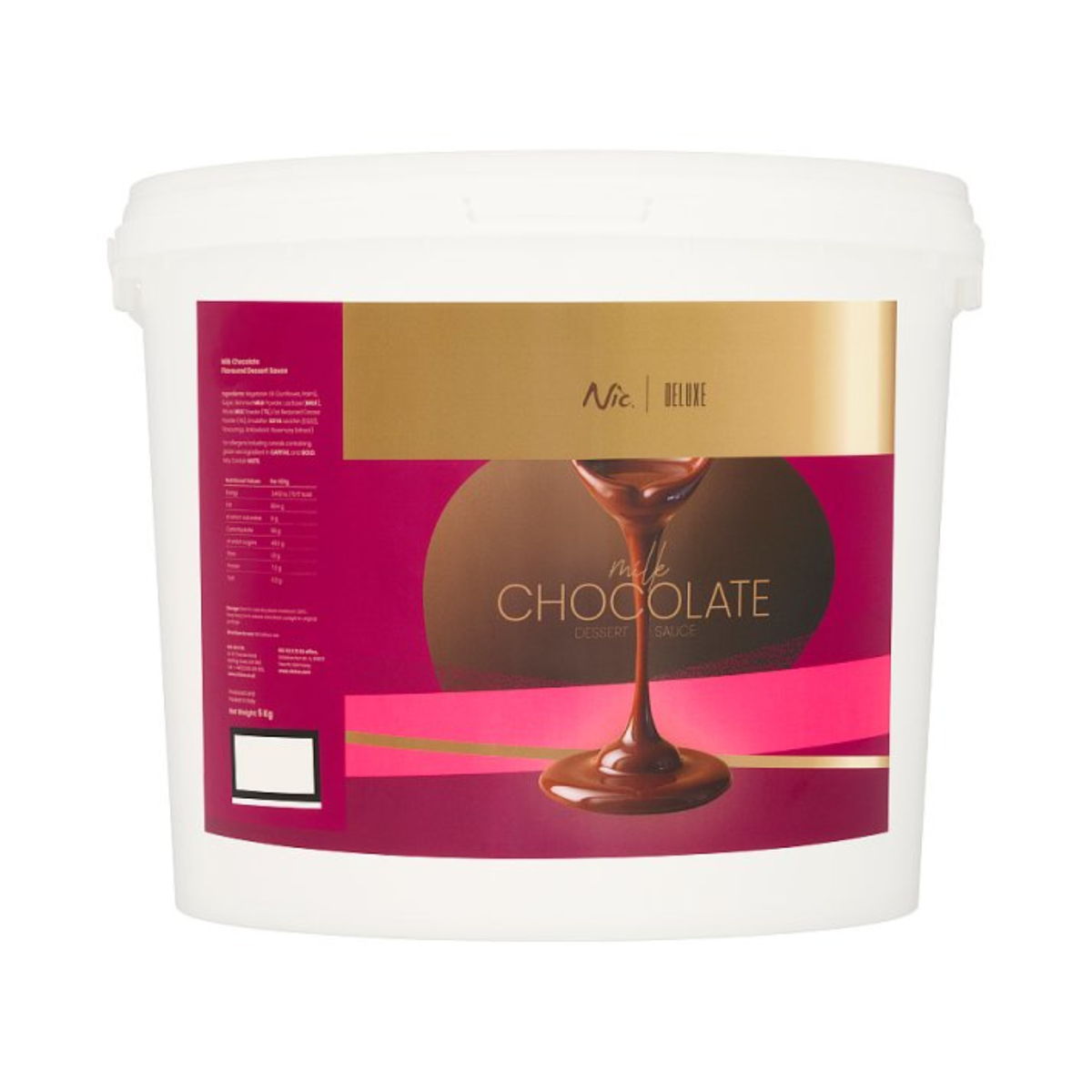White tub labeled "Deluxe Milk Chocolate Dessert Sauce." The label features a flowing chocolate graphic on a burgundy and gold background.