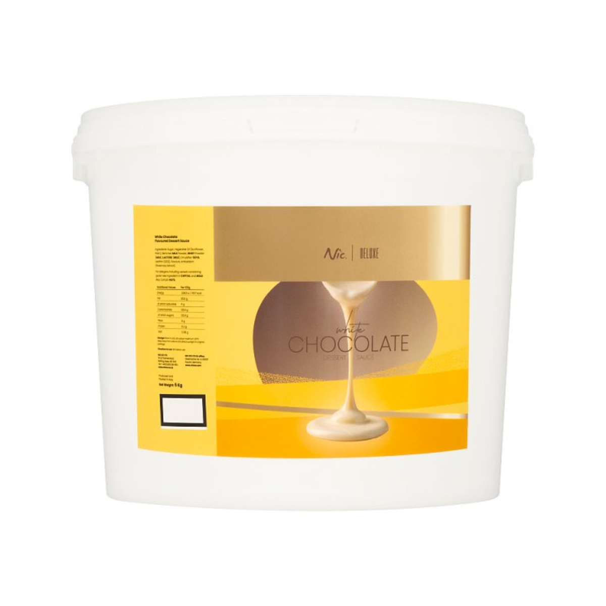 White plastic tub with a gold and yellow label displaying a pouring white chocolate image. The text reads "White Chocolate Dessert Sauce."