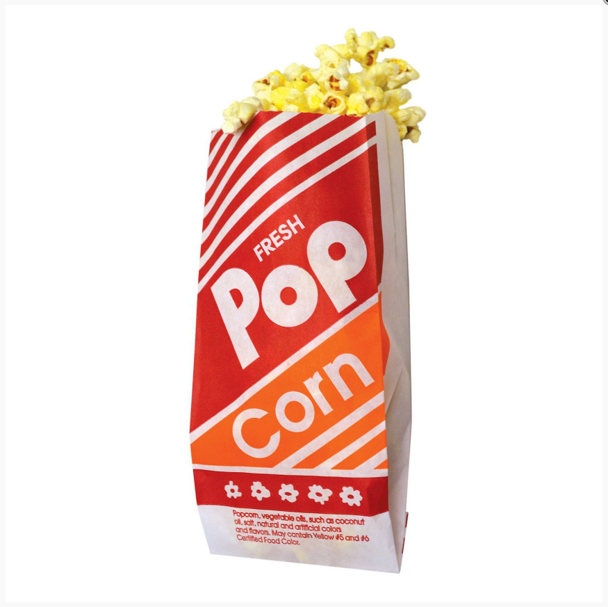 Bright red and orange No. 2 popcorn bags, each holding 0.6 oz. of popcorn, stacked in bulk for concession use; 1,000 bags per case.
