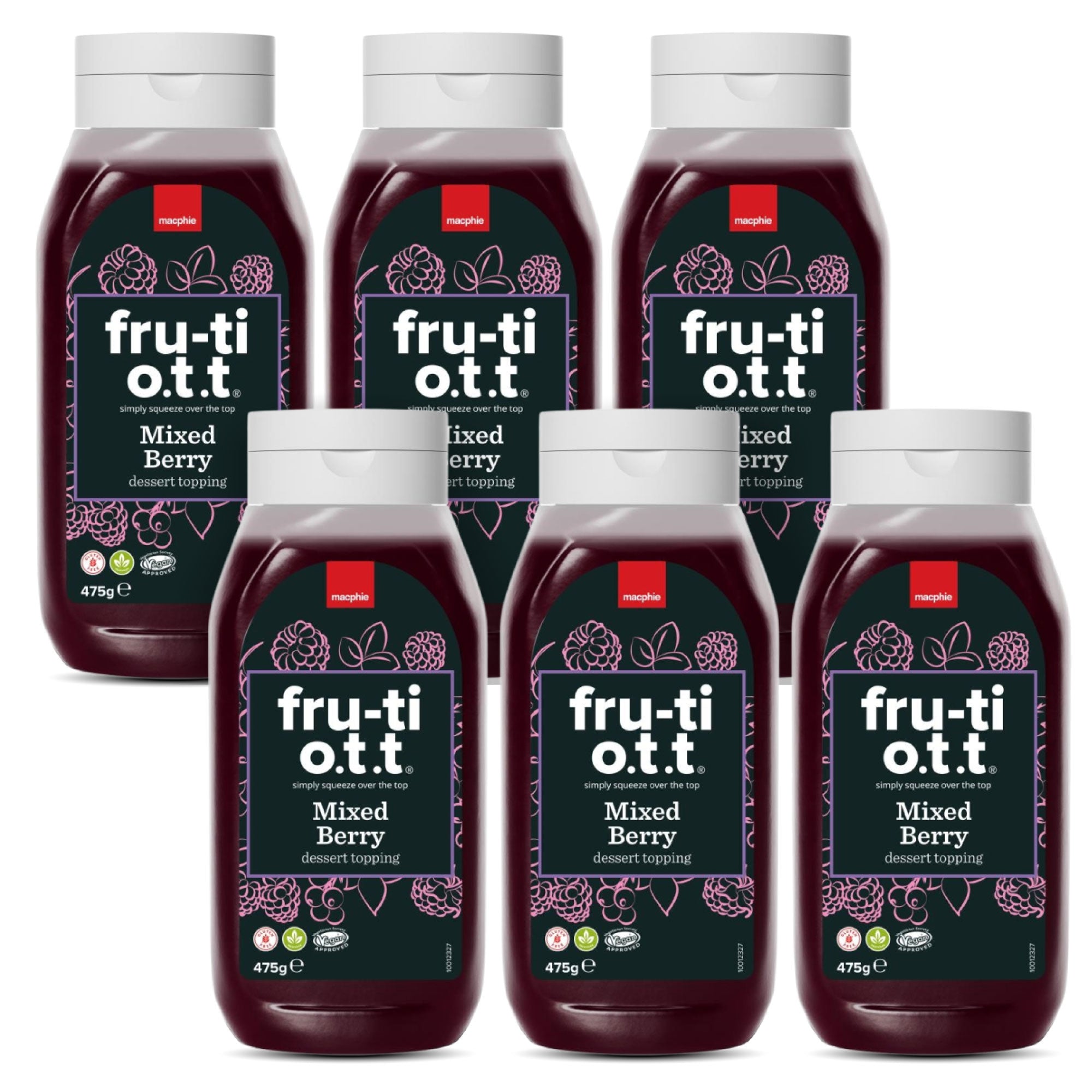 Macphie Fru-ti o.t.t® Mixed Berry Dessert Topping in a squeezy bottle, made with real raspberry, blueberry, blackcurrant, and redcurrant purees—ideal for desserts, drinks, and patisserie use.