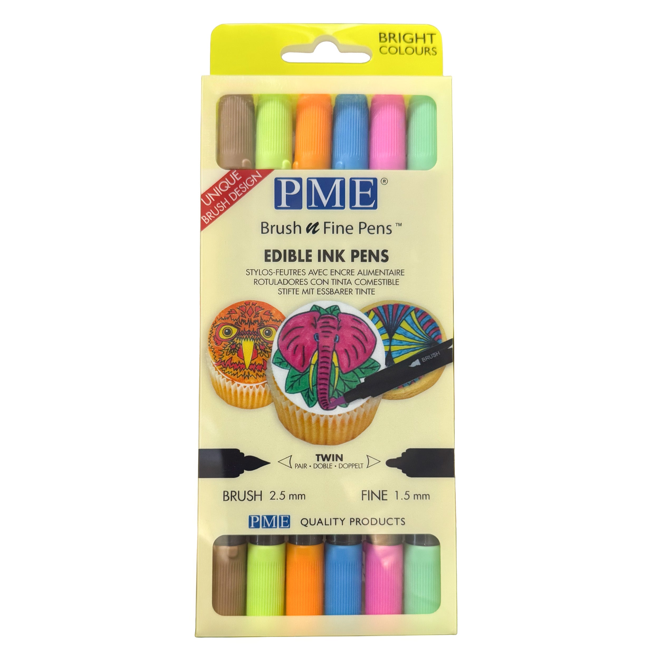 Package of PME edible ink pens with bright colors, showcasing a decorated cupcake with animal designs. Includes brush and fine tips.