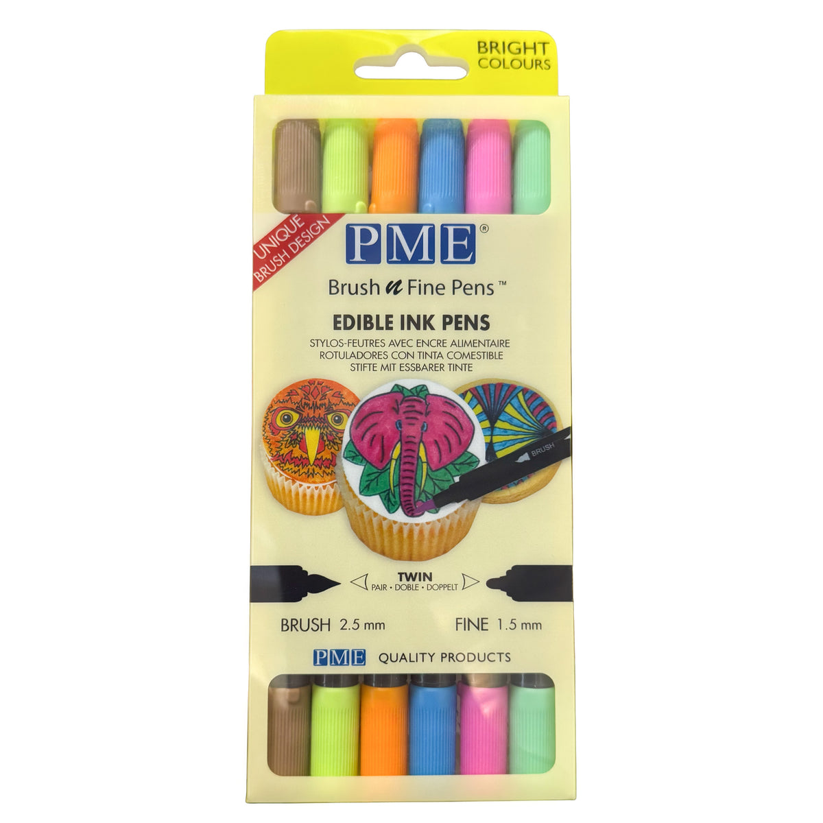 Package of PME edible ink pens with bright colors, showcasing a decorated cupcake with animal designs. Includes brush and fine tips.