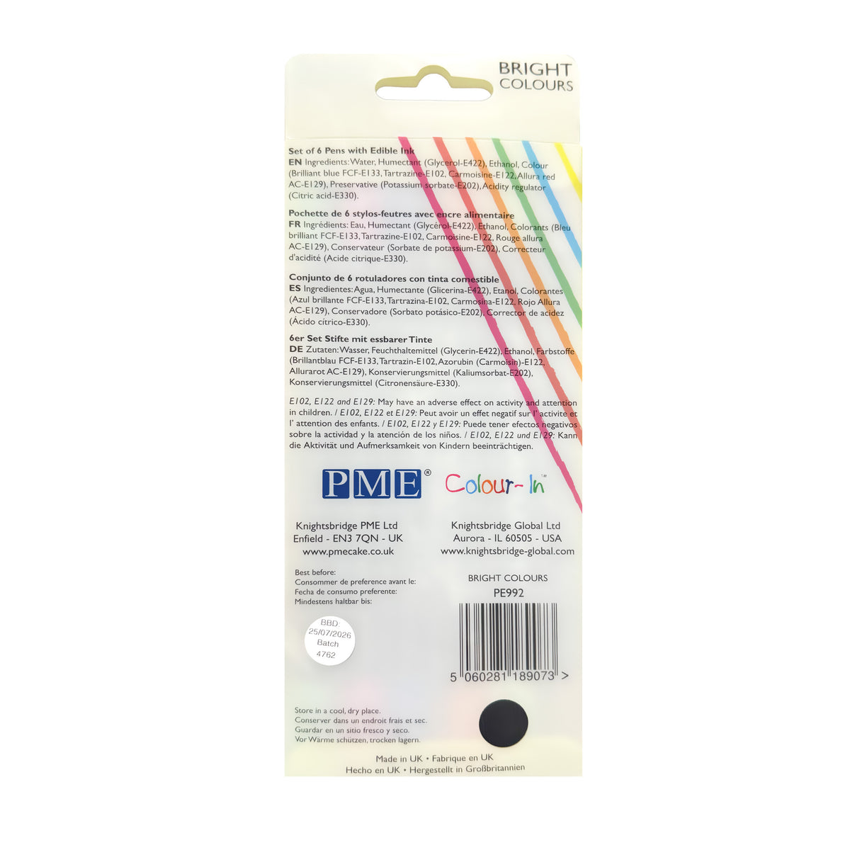 Back of a packaging for PME Colour-In edible pens. Features text in multiple languages, a barcode, and vibrant diagonal color stripes on the right.