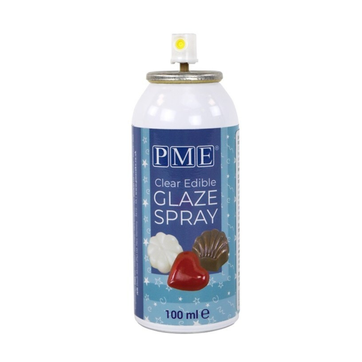 White spray can of PME Clear Edible Glaze Spray with a blue label, featuring images of a white flower, shell, and red heart. Capacity: 100 ml.