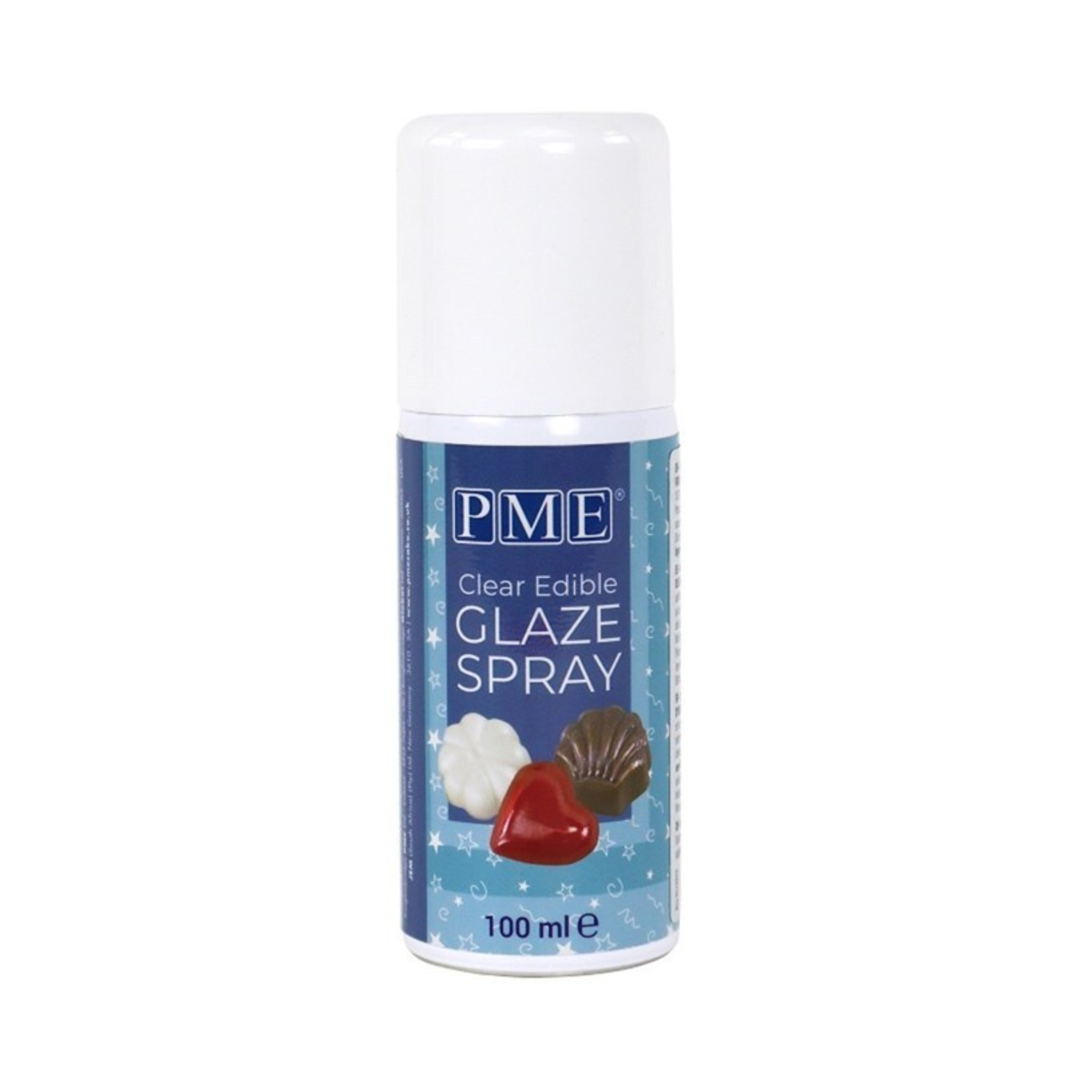 A blue can of PME Clear Edible Glaze Spray with images of chocolates and a whipped design. The label contains white stars. The can is 100ml.