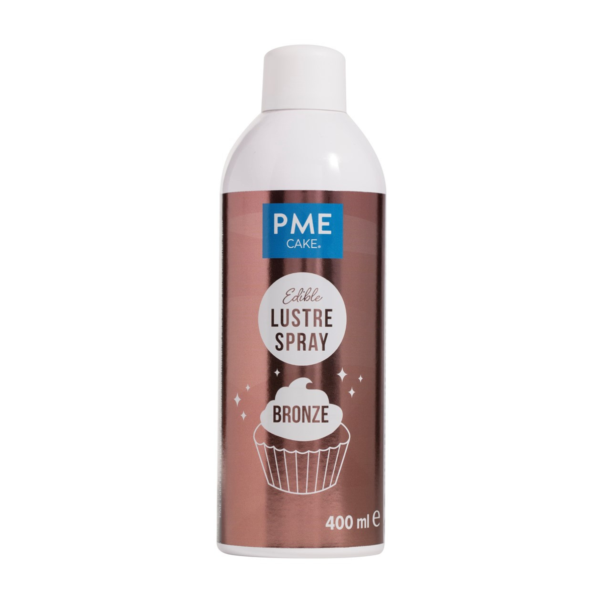 A can of PME Cake Edible Lustre Spray in bronze. The label features a cupcake illustration with sparkles, conveying a festive, decorative feel.