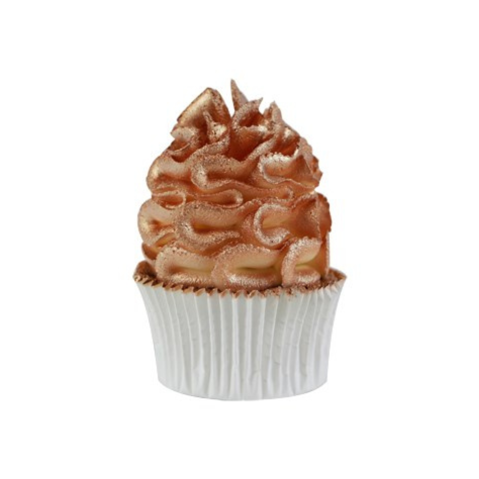 A cupcake with swirled, copper-colored frosting sits in a white paper cup. The frosting appears fluffy and richly textured, creating an elegant look.