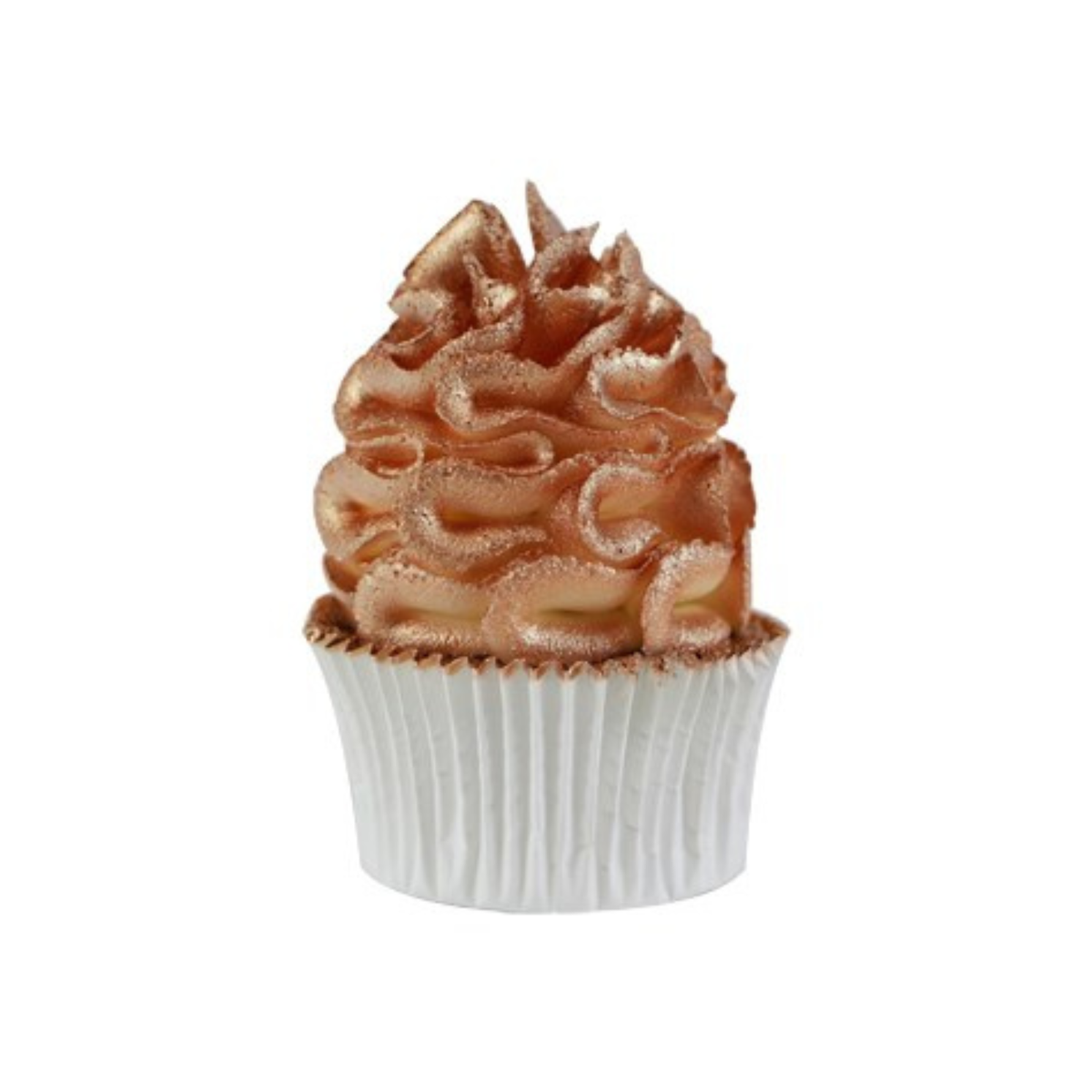 A cupcake with swirled, copper-colored frosting sits in a white paper cup. The frosting appears fluffy and richly textured, creating an elegant look.