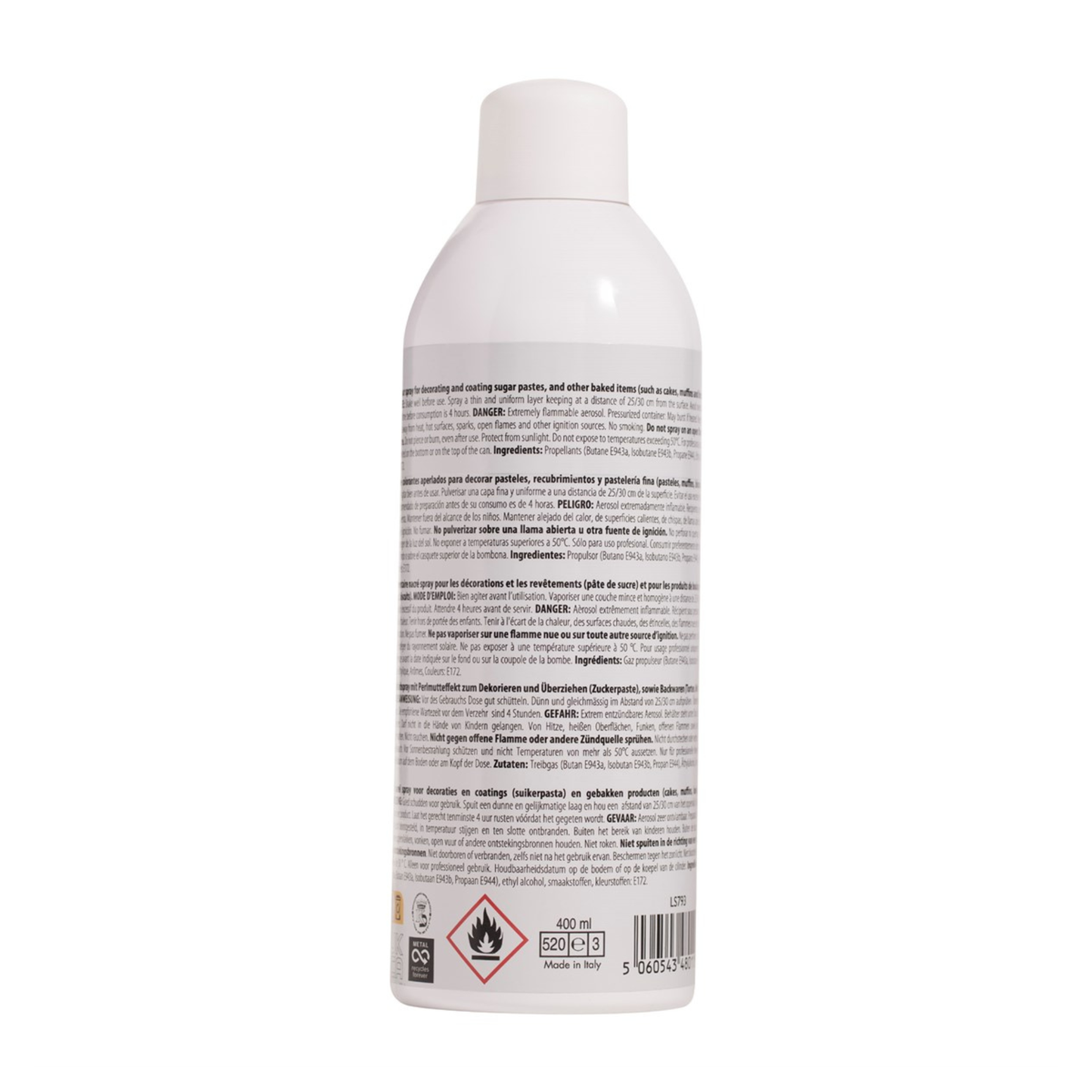 Back view of a white spray can with text and safety symbols. The label includes instructions and warnings. A flammable icon is visible at the bottom.