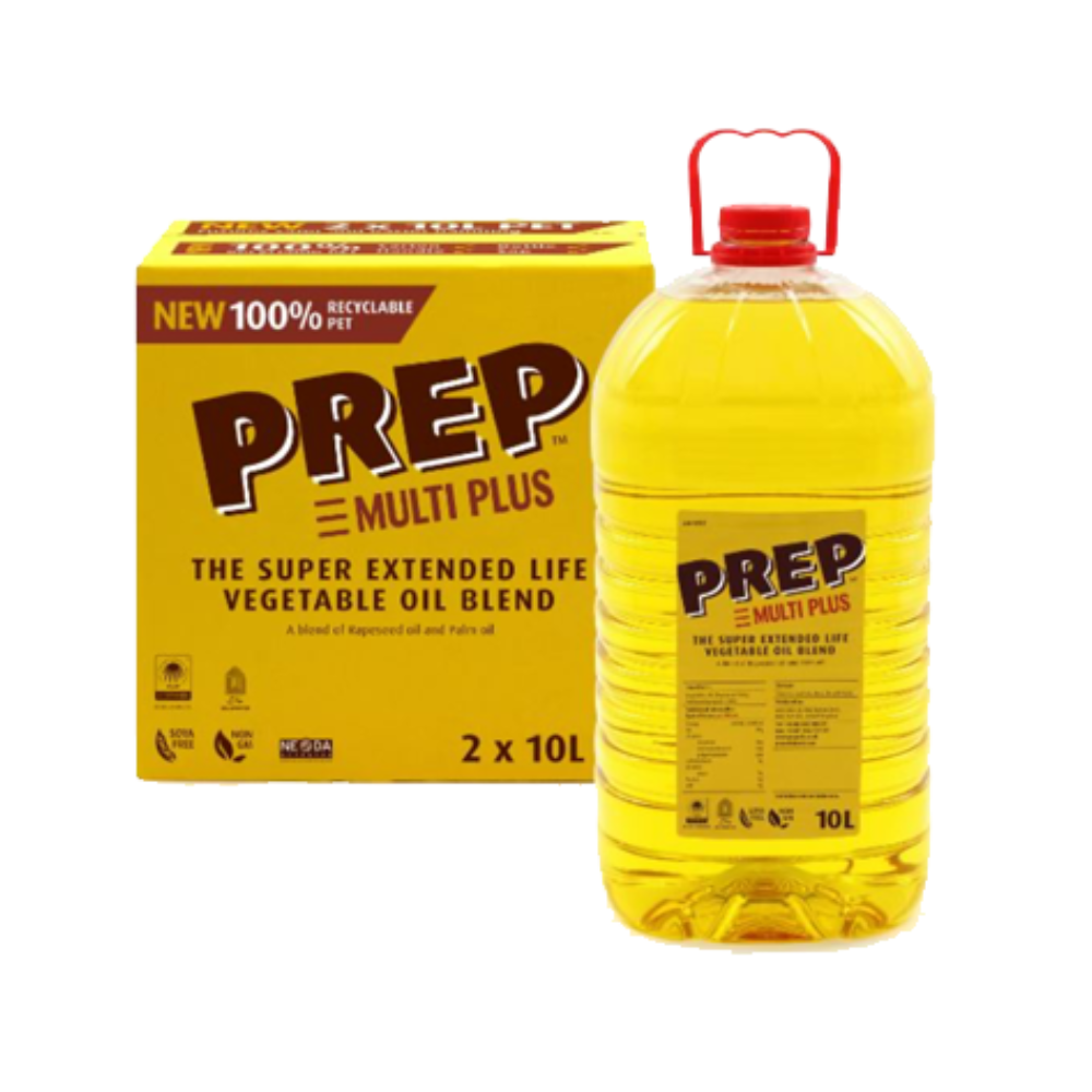 Yellow box and plastic bottle of "PREP Multi Plus" vegetable oil blend, featuring bold branding. Box emphasizes recyclable PET and extended shelf life.
