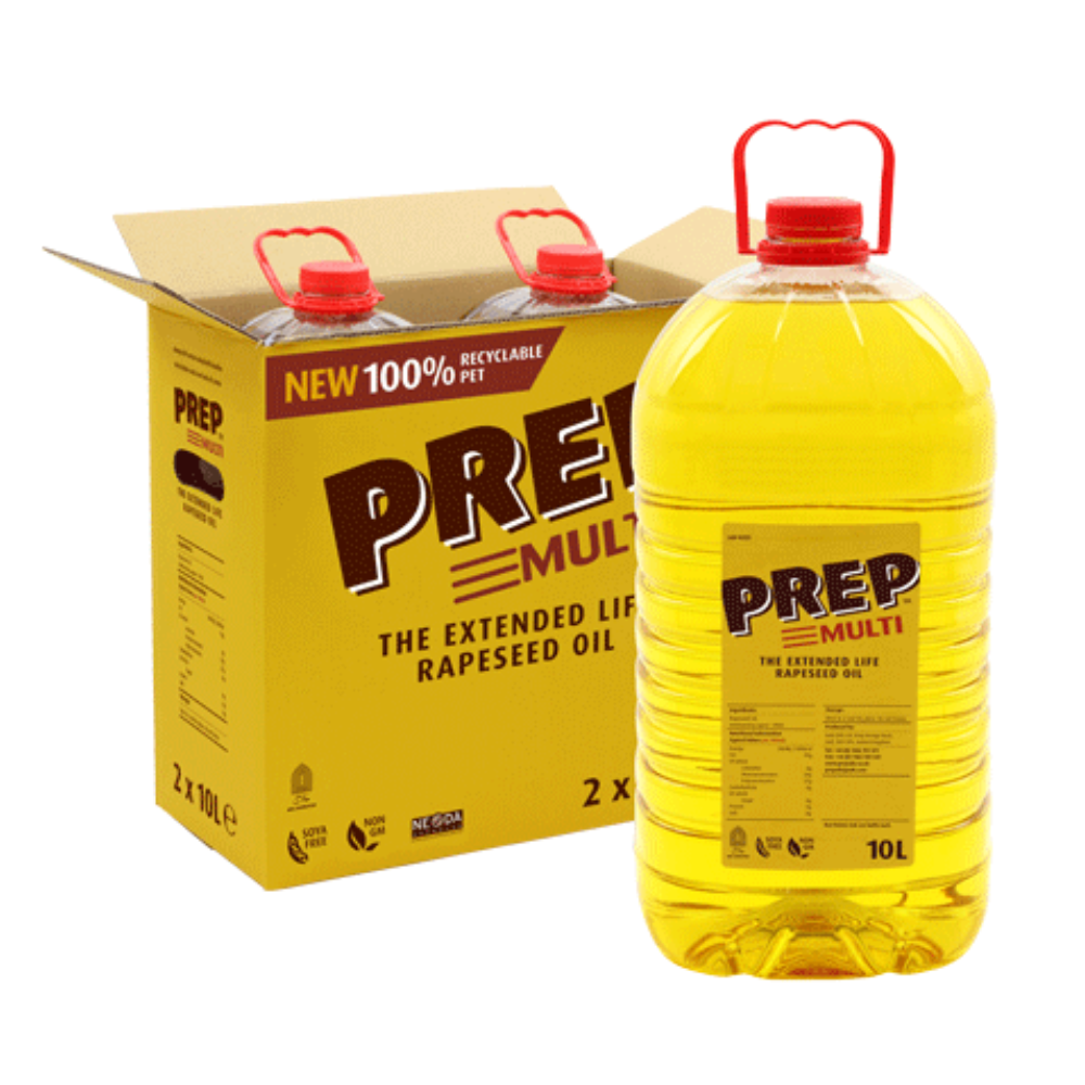 Yellow packaging of "Prep Multi Plus" vegetable oil blend. Includes a large 10L bottle with a red cap and a rectangular box. Text emphasizes extended shelf life.