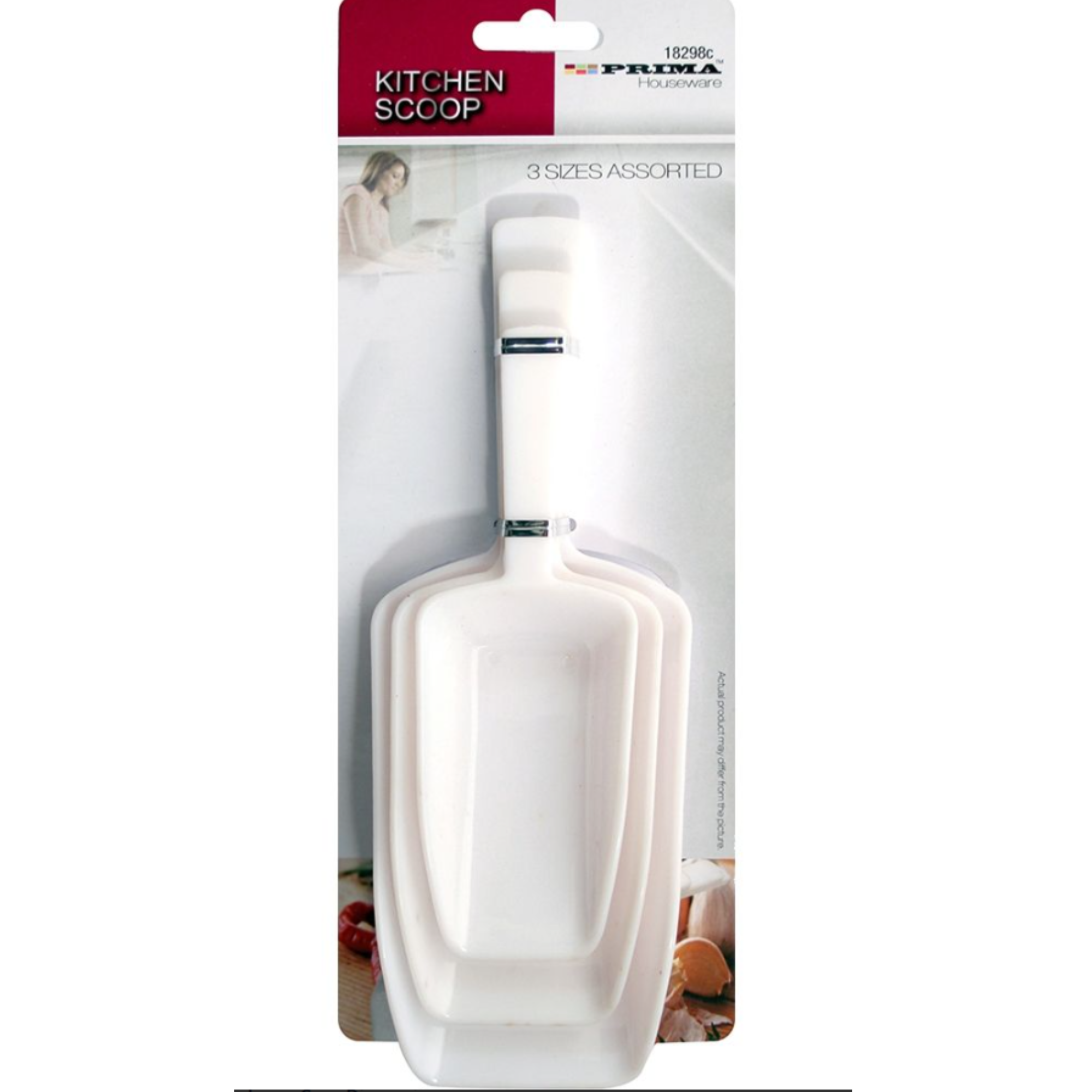 Set of 3 white PRIMA kitchen scoops in assorted sizes for baking, ice, and food prep