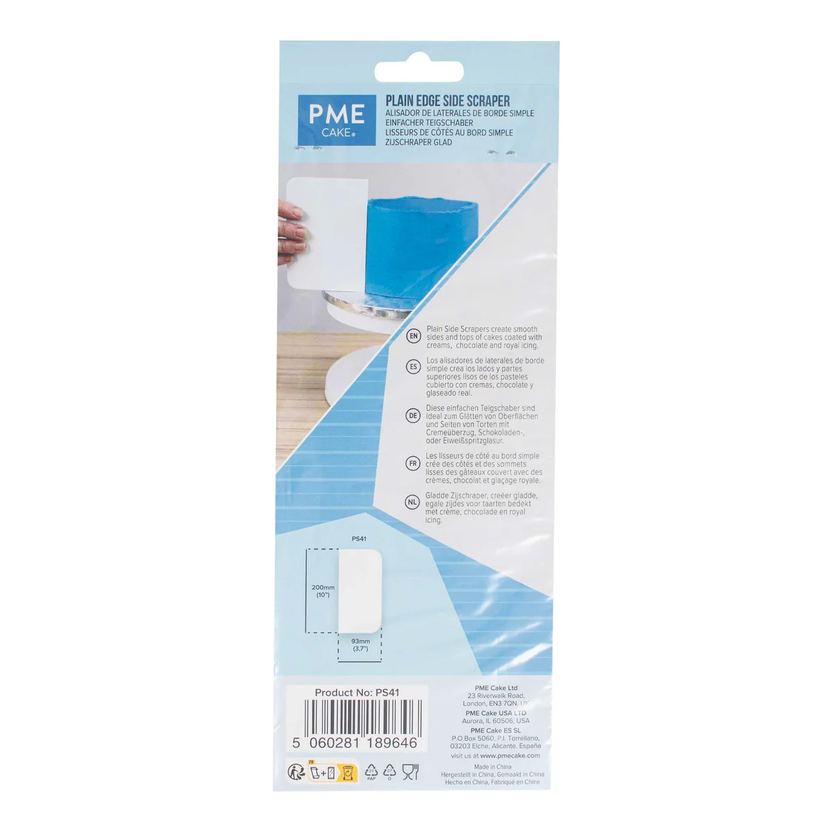 PME Cards Plain Edge Scaper in retail packaging, featuring a white plastic scraper tool with a blue handle, shown on a clean white background.