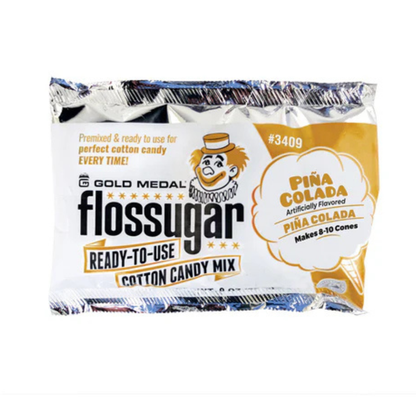 Gold Medal Flossugar ready-to-use cotton candy mix in Piña Colada flavor, 8-oz pouch, featuring a clown logo and labeled as making 8–10 cones.