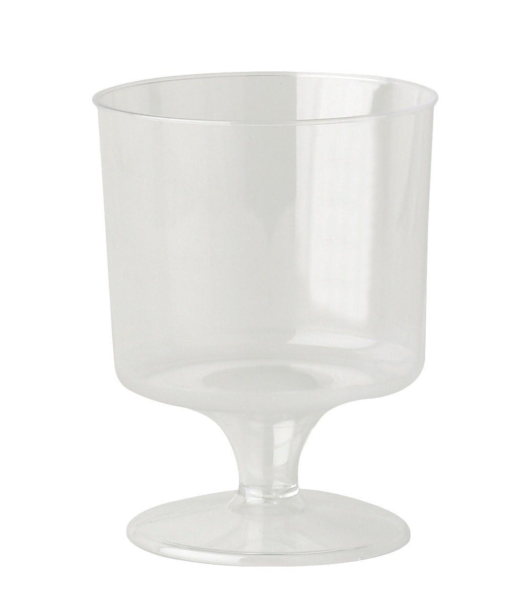 A clear plastic cup with a stem and a wide lip.