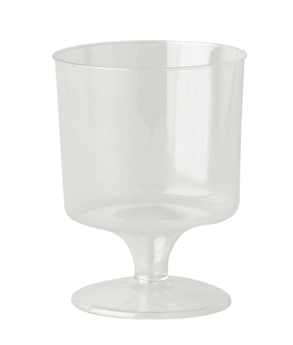 A clear plastic cup with a stem and a wide lip.