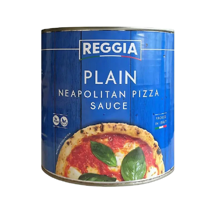 Reggia Plain Neapolitan Pizza Sauce in a 2550g can with a red and white label, showcasing traditional Italian branding