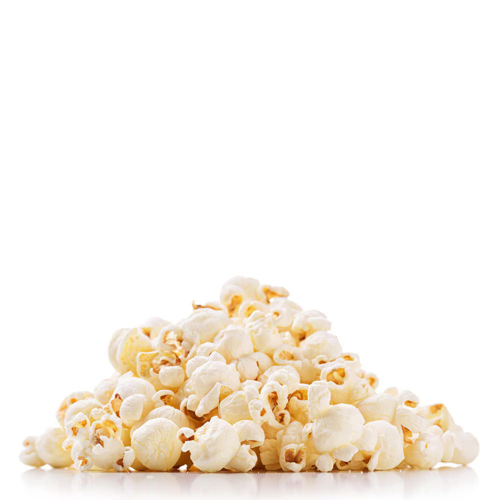 A pile of freshly popped popcorn on a white background.