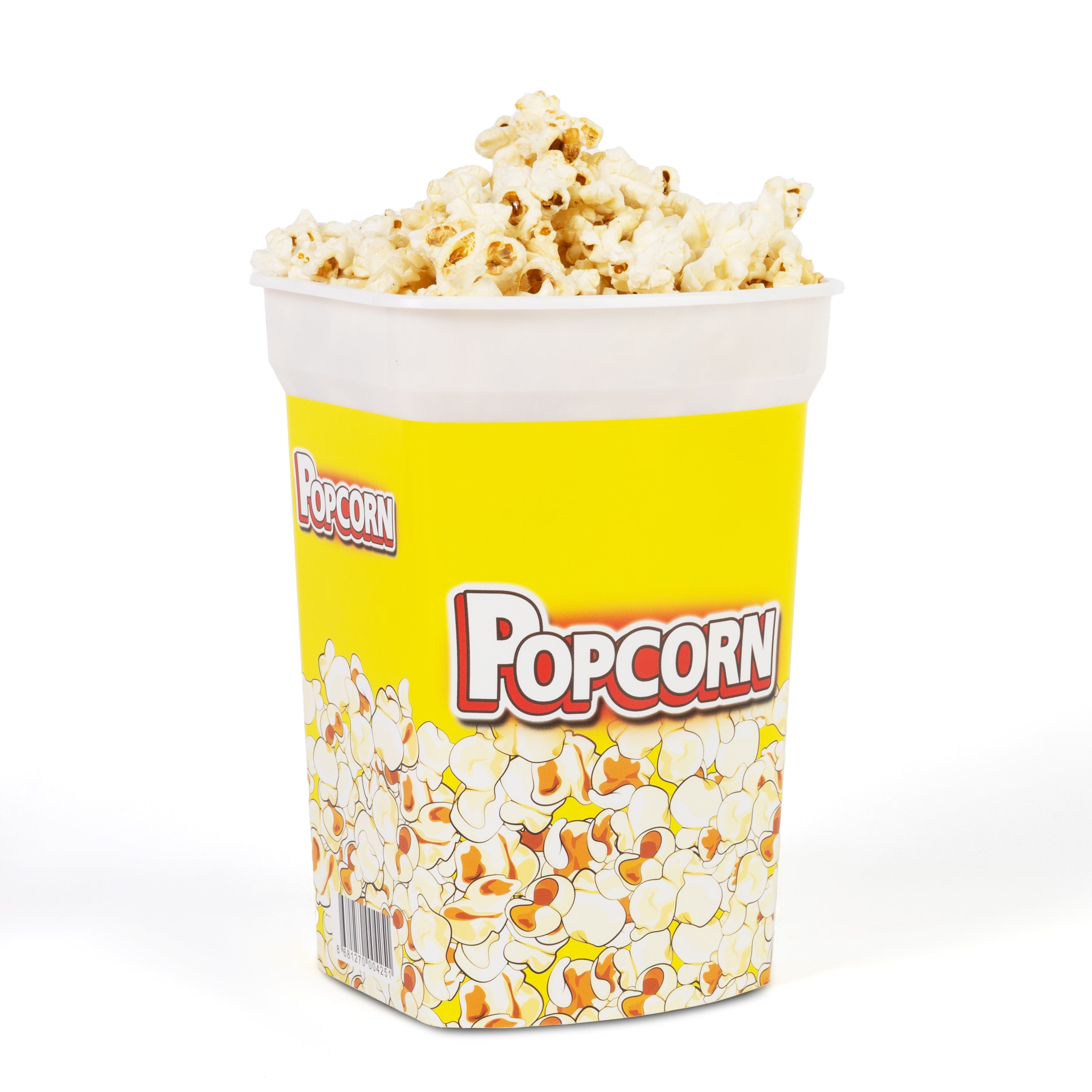 Reusable yellow plastic popcorn tubs with lids, 256-count case for parties or cinemas