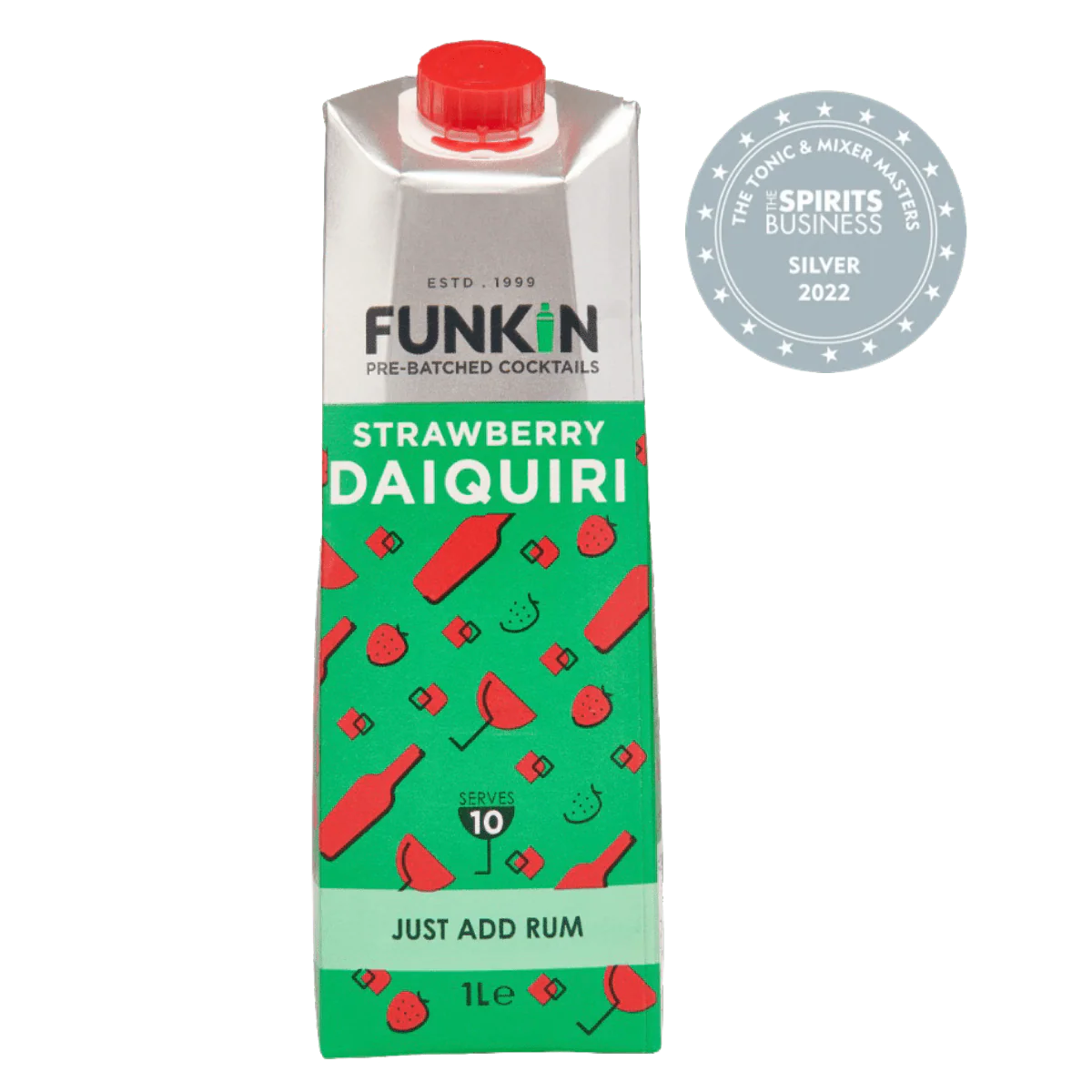 A cutout image of a Funkin Strawberry Daiquiri cocktail mixer carton with a red cap, displayed alongside a silver award badge from The Spirits Business Tonic & Mixer Masters 2022.