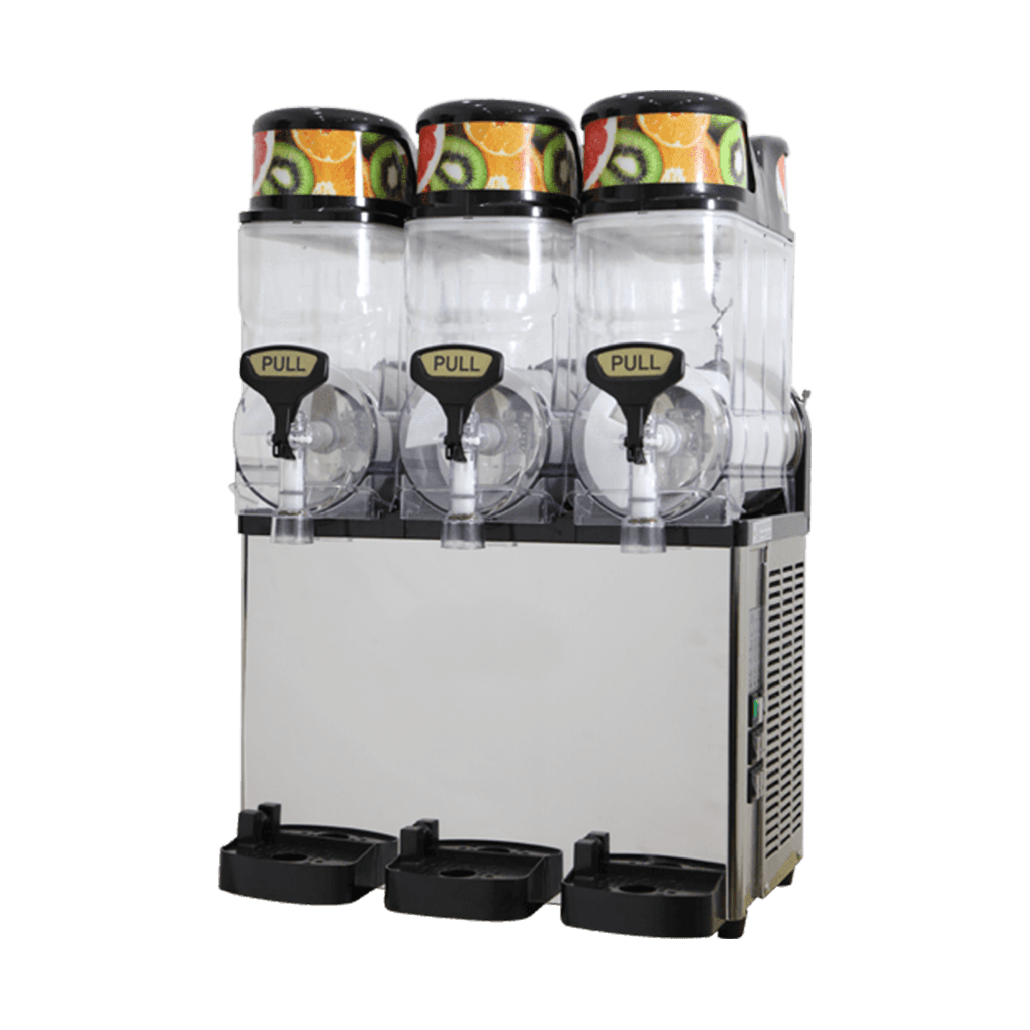 A triple-bowl slush machine similar to the first, but isolated on a transparent background. The machine features three transparent containers with "PULL" spouts and a silver base with black components. The top of the containers has a colorful design featuring fruits.