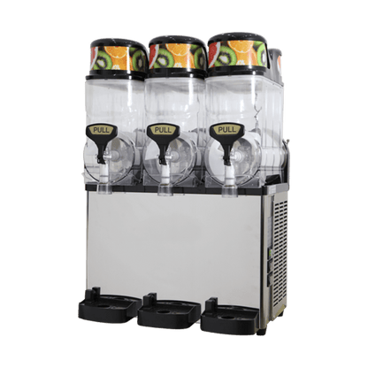 A triple-bowl slush machine similar to the first, but isolated on a transparent background. The machine features three transparent containers with "PULL" spouts and a silver base with black components. The top of the containers has a colorful design featuring fruits.