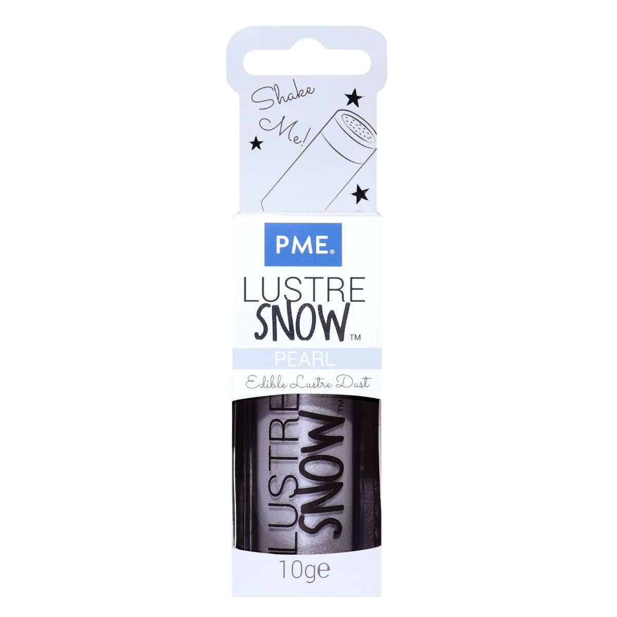 PME Lustre Snow Pearl Eddle Luster Dust 10g tube in its original retail packaging, featuring a white card with black text and a clear window showing the dark product inside.