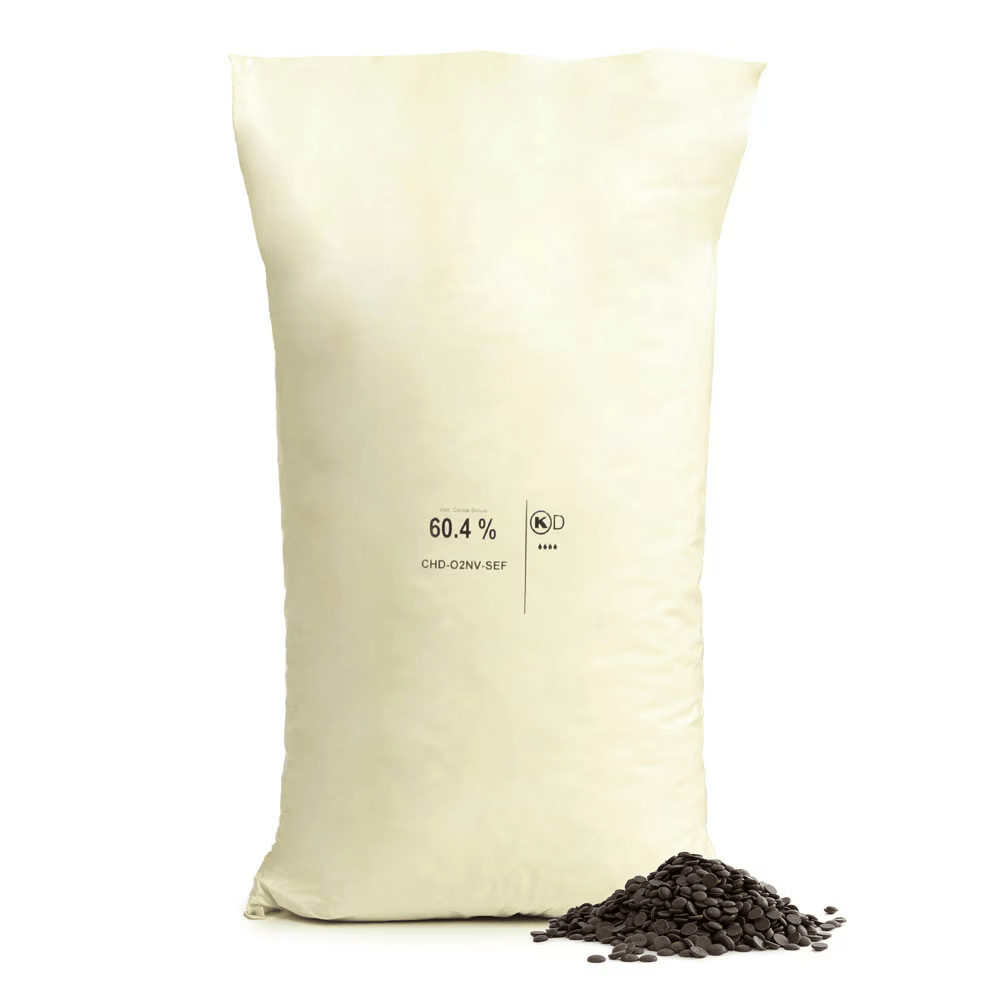 10kg bulk bag of Sephra Belgian Dark Chocolate callets, premium couverture chocolate ideal for fountains, baking, dipping, and professional catering use.
