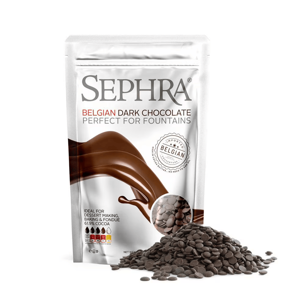 Sephra Belgian Dark Chocolate 907g bag of couverture chocolate callets, gluten free and kosher dairy, ideal for dipping, baking, and small chocolate fountains.