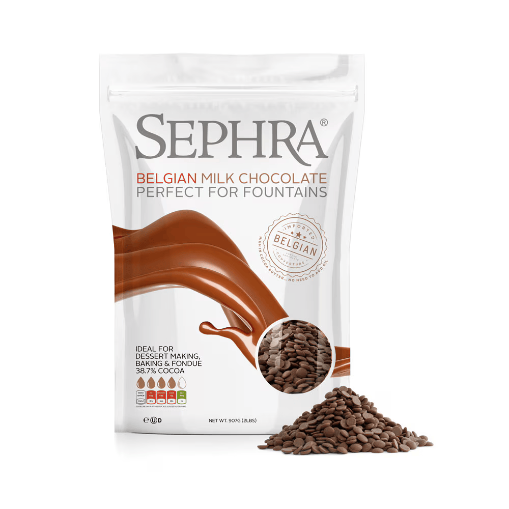 Sephra Belgian Milk Chocolate 2.5kg couverture chocolate in microwave-safe bags, ideal for fountains, dipping, baking, and professional dessert making.